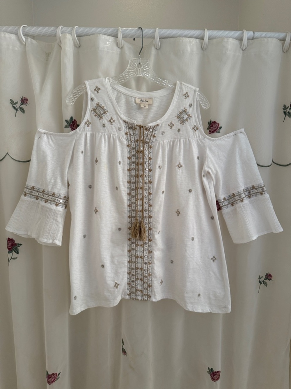 Style & Co. White Cold-Shoulder Embroidered Tunic with Tassel